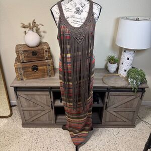 Denim & Supply Ralph Lauren Western Maxi Dress Sz L Brown Crochet  Fringe Boho